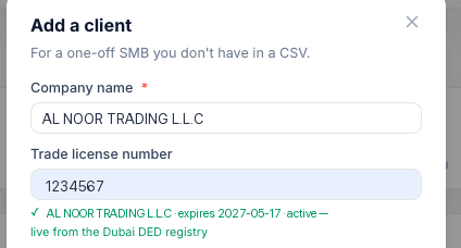 Dembri verifying a Dubai trade licence live against the DED government registry